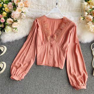 Lace V-neck Plain Puff Long-sleeve Top