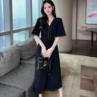 Short-sleeve V-neck Contrast Trim A-line Dress