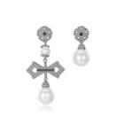 Fashion And Elegant Flower Cross Imitation Pearl Asymmetric Earrings With Cubic Zirconia Silver - One Size