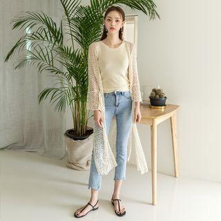 Bell-sleeve Crochet-knit Long Robe Cardigan Light Beige - One Size