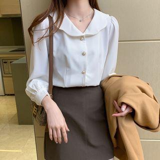 Long-sleeve Faux Pearl Button Shirt