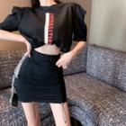 Graphic Printed Elbow Sleeve Crop Top / High Waist Drawstring Mini Skirt Black - One Size