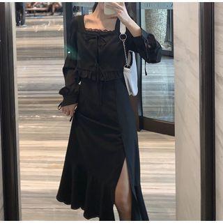 Long-sleeve Square-neck Ruffle Trim Midi Dress