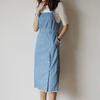 Fray-hem Buttoned Denim Jumper Dress