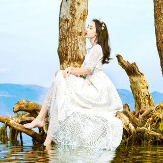 Elbow-sleeve Perforated A-line Maxi Beach Dress