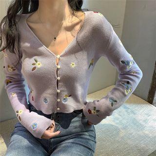 Flower V-neck Knit Cardigan Purple - One Size