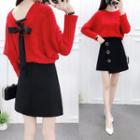 Set: Lace-up Loose-fit Sweater + Buttoned Skirt