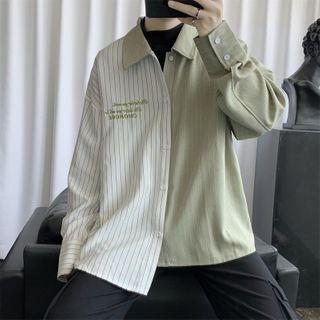Long-sleeve Color Block Letter Printed Striped Shirt