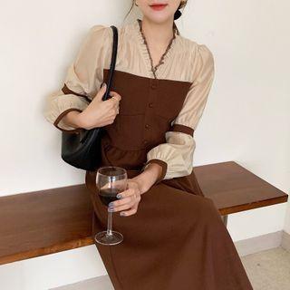 Long-sleeve Frill Trim Two-tone Midi A-line Dress