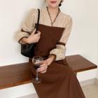Long-sleeve Frill Trim Two-tone Midi A-line Dress