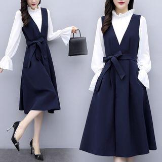 Set: Ruffle Trim Blouse + Midi Jumper Dress