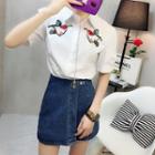 Set: Bird Embroidered Short-sleeve Shirt + A-line Denim Skirt