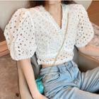 Eyelet Lace V-neck Short-sleeve Cropped Top As Figure - One Size