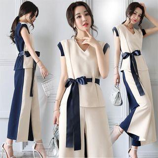 Set: Two-tone Sleeveless Top + Cropped Wide-leg Pants