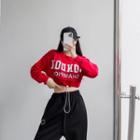 Lettering Drawstring Cropped Sweatshirt / Smiley Face Embroidered Cropped Harem Pants