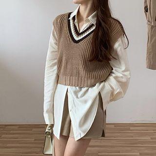 Color-block Knit Vest / Plain Blouse / Faux Leather Shorts