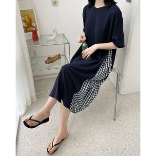 Elbow-sleeve Gingham-panel Long Dress