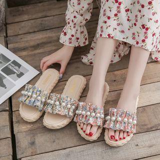 Floral Ruffle Faux Pearl Slide Sandals