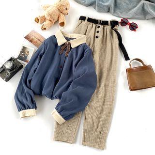 Bow Blouse / Plaid Straight Leg Pants