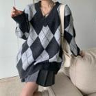 V-neck Argyle Loose-fit Sweater / Pleated Skirt (various Designs)