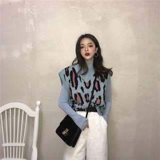 Turtleneck Long-sleeve Top / Leopard Print Knit Vest / Denim Jacket
