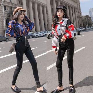 Long-sleeve Printed Shirt / High-waist Skinny Pants / Set