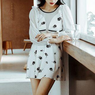 Long-sleeve Ruffled Floral Print Swimdress
