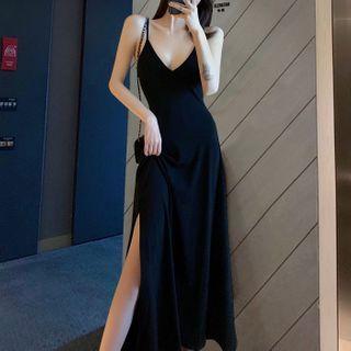 V-neck Suspender Slit Dress