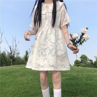 Elbow-sleeve Collar Mini A-line Dress White - One Size