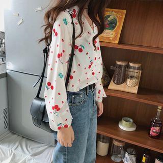 Cherry Flare-sleeve Chiffon Top White - One Size