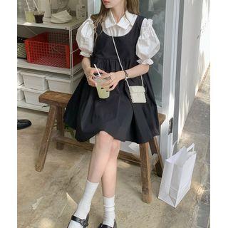Puff-sleeve Plain Shirt + Pinafore Dress