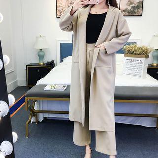 Set: Open-front Long Jacket + High-waist Cropped Wide-leg Pants