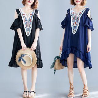 Flower Embroidered Cold Shoulder Elbow-sleeve Dress