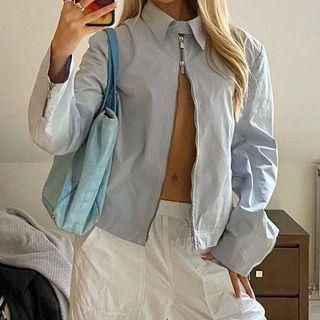 Long Sleeve Stand-collar Plain Zip-up Loose-fit Shirt