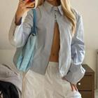Long Sleeve Stand-collar Plain Zip-up Loose-fit Shirt