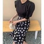 Balloon-sleeve Blouse / Floral Print Midi A-line Skirt