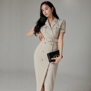 Short-sleeve Notch Lapel Midi Sheath Dress