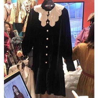 Lace Collar Velvet Dress Black - One Size