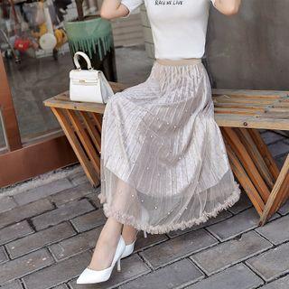 Embellished Mesh Overlay Midi A-line Velvet Skirt