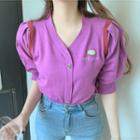 Short-sleeve Embroidered Cardigan Purple - One Size