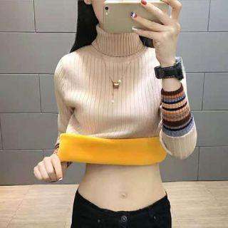 Long-sleeve Contrast Trim Turtleneck Knit Top