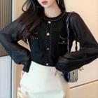 Mesh Panel Button-up Blouse Black - One Size