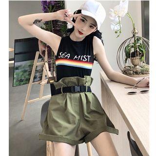 Lettering Sleeveless T-shirt / Paperbag Waist Shorts