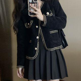 Contrast Trim Jacket / Pleated Mini A-line Skirt / Plain Straight Leg Pants