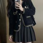 Contrast Trim Jacket / Pleated Mini A-line Skirt / Plain Straight Leg Pants