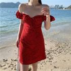Short-sleeve Print Off-shoulder Mini Dress