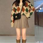 V-neck Argyle Knit Cardigan / Set: V-neck Argyle Knit Cardigan + Pleated Mini Skirt