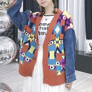 Denim-sleeve Patterned Cardigan