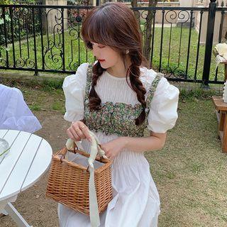 Short-sleeve Smocked Midi A-line Dress / Spaghetti Strap Top