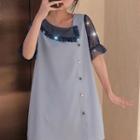 Mesh Panel Short-sleeve A-line Dress Blue - One Size